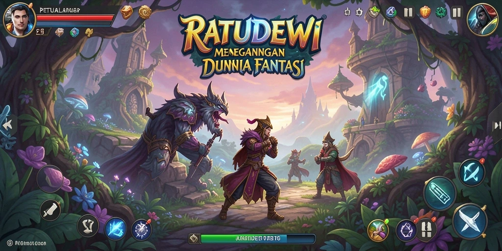 Tampilan dinamis dari gameplay <strong>RATUDEWI</strong> dalam dunia petualangan fantastis.